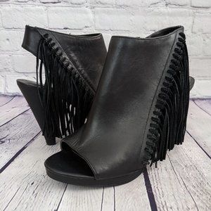 Reba Black Leather Madame Fringe Ankle Boots Sz 8